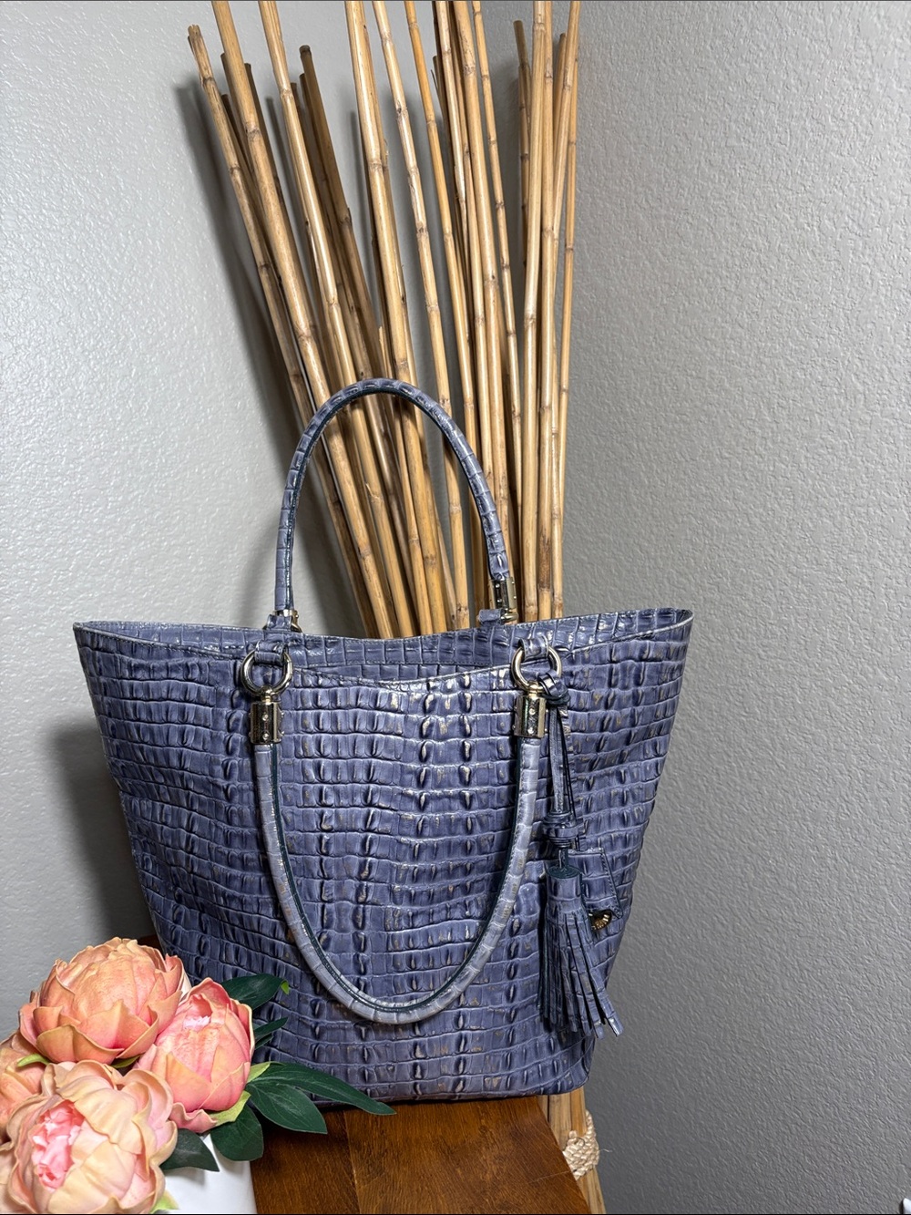Brahmin Croc-Embossed Leather Tote in Lavender Blue